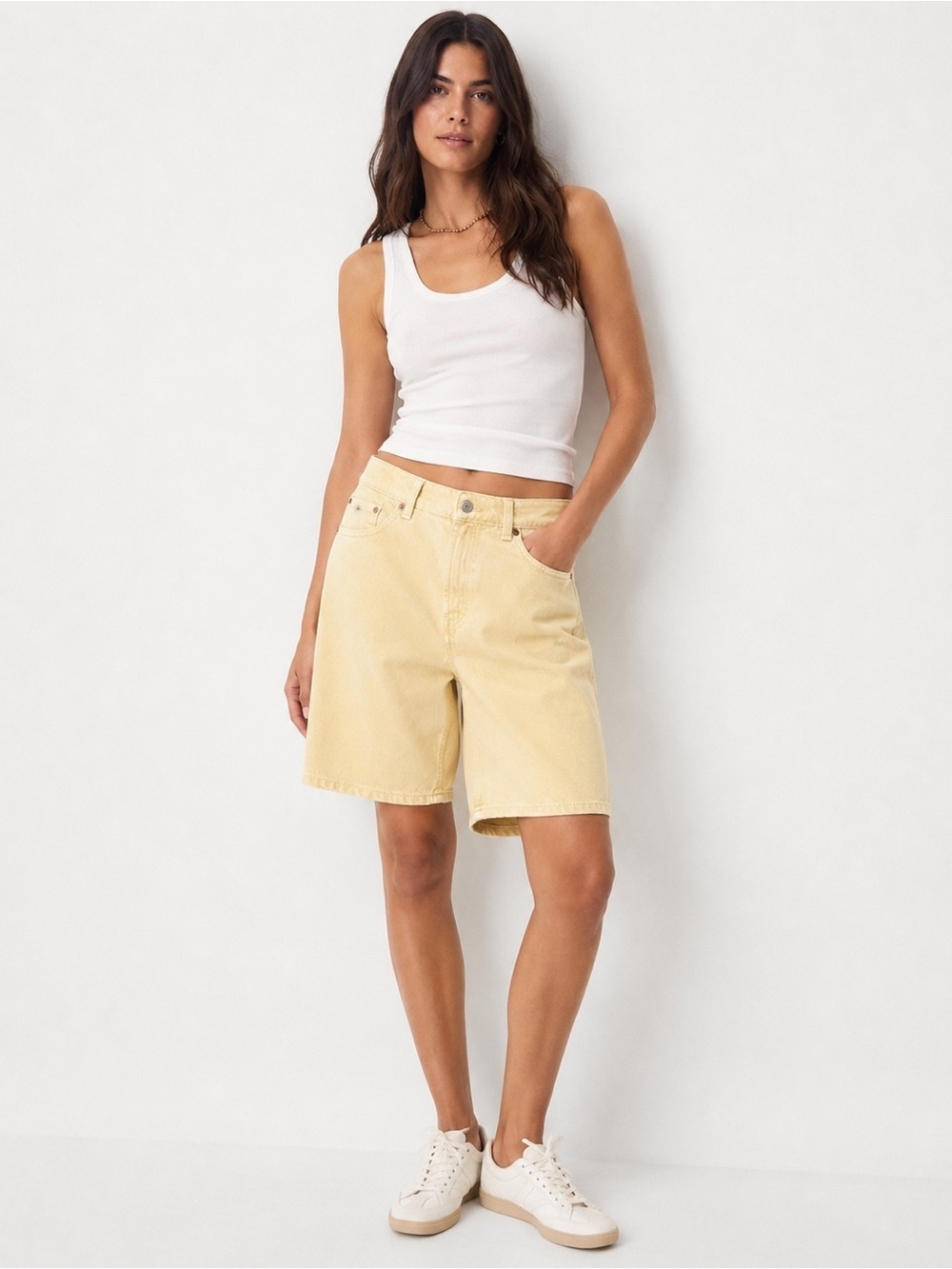 Zara TRF Mid-Rise Denim Bermuda Shorts NWT Yellow Cream Size 6